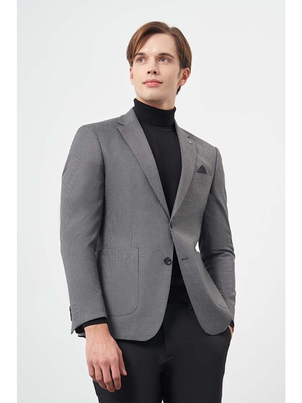 İMZA Gri Füme Kazayağı Desen Mono Yaka Çift Yırtmaç 2 Düğme 6 Drop Slim Fit Classic Ceket 1002245106
