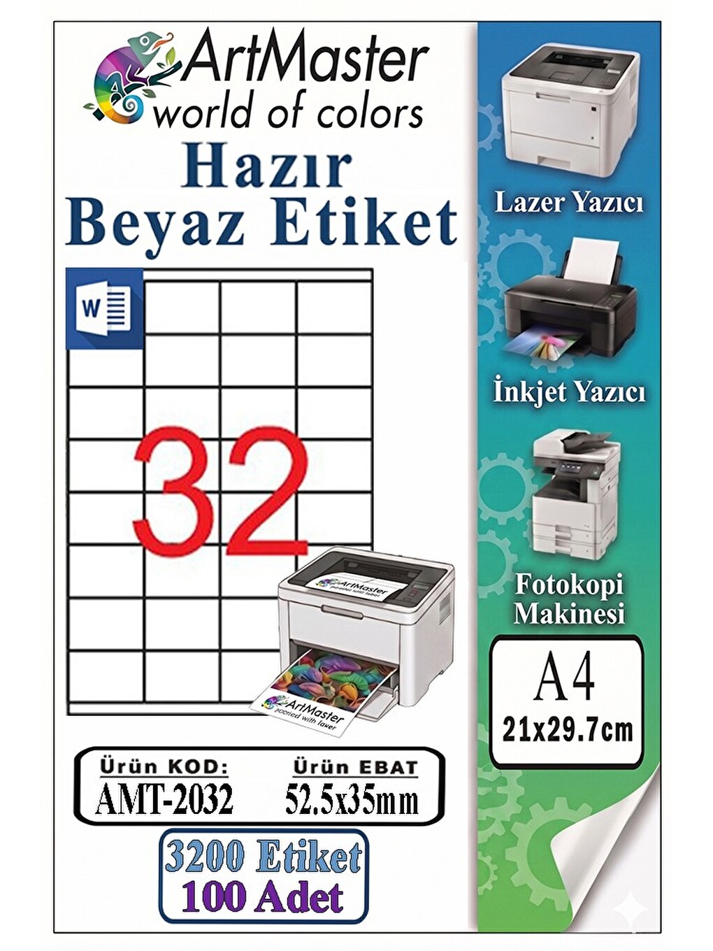 A4 Hazır Beyaz Etiket 52.5x35mm 100 Sayfa 1 Paket 32 Li Kendinden Yapışkanlı Fotokopi Lazer İnkjet