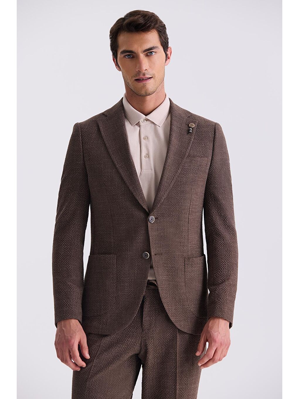 Kahverengi Kahve Slim Fit Mono Yaka Desenli Spor Takım Elbise-1