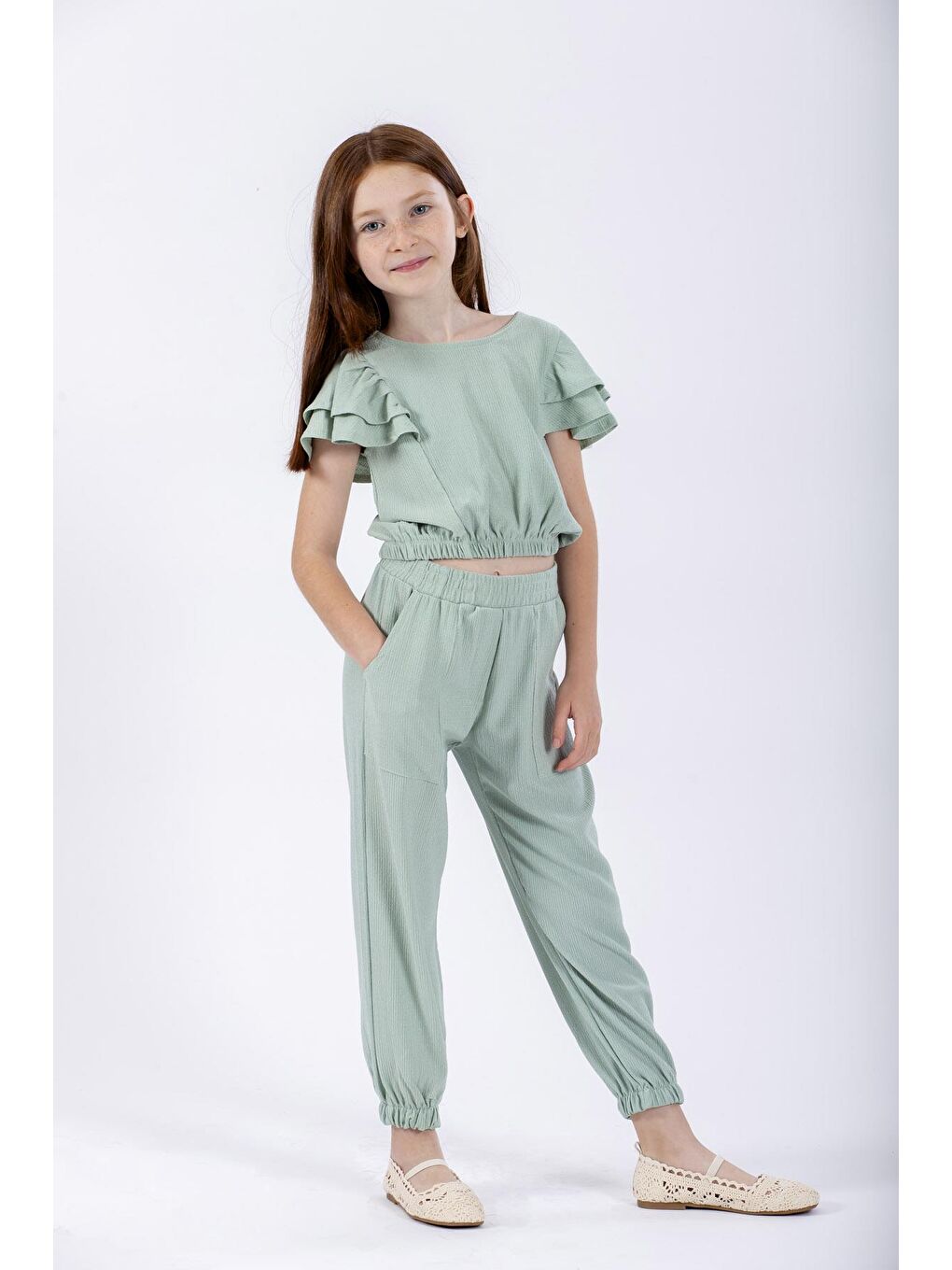 Yeşil Bisiklet Yaka Paca Lastikli Mint Renk Kız Çocuk İkili Takım