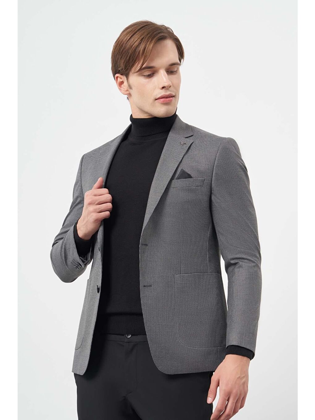 İMZA Gri Füme Kazayağı Desen Mono Yaka Çift Yırtmaç 2 Düğme 6 Drop Slim Fit Classic Ceket 1002245106 - 2