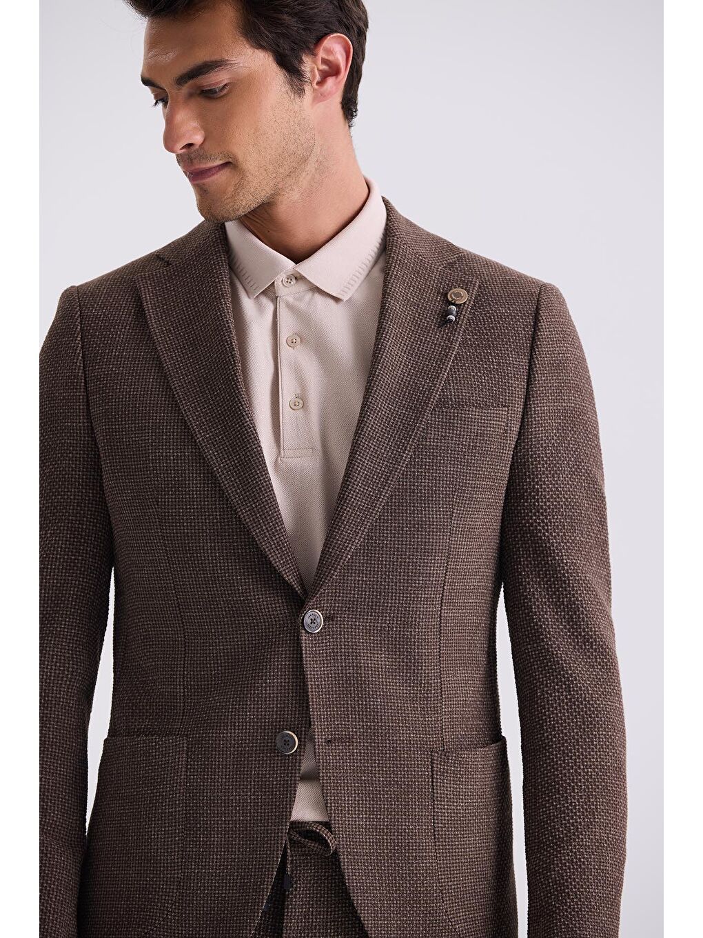 Kahverengi Kahve Slim Fit Mono Yaka Desenli Spor Takım Elbise-2