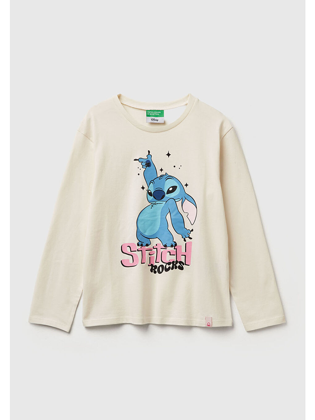 Ekru Kız Çocuk Krem Önü Baskılı Logo Etiketi Detaylı Uzun Kollu T-shirt