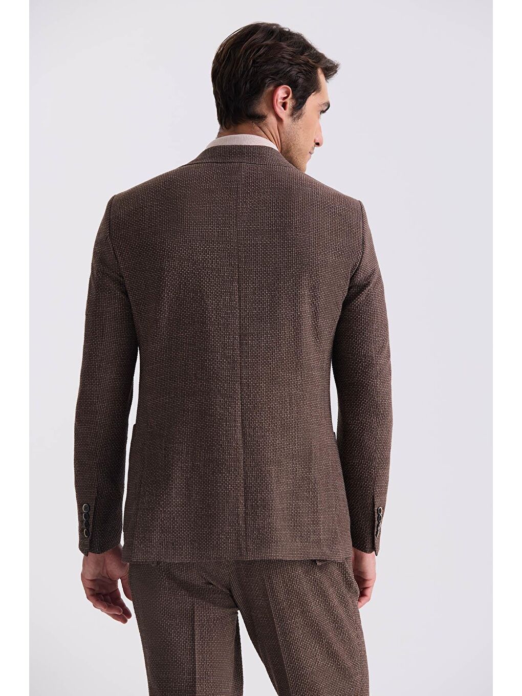 Kahverengi Kahve Slim Fit Mono Yaka Desenli Spor Takım Elbise-3