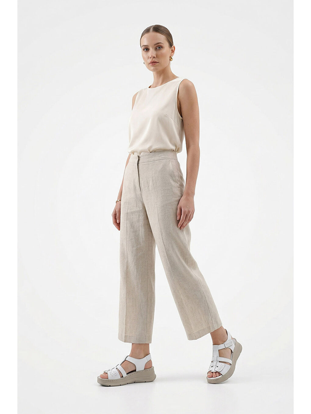 Beyaz Kadın CANLI BEYAZ Cırt Bantlı Dolgu Topuk Hakiki Deri Sandalet-2