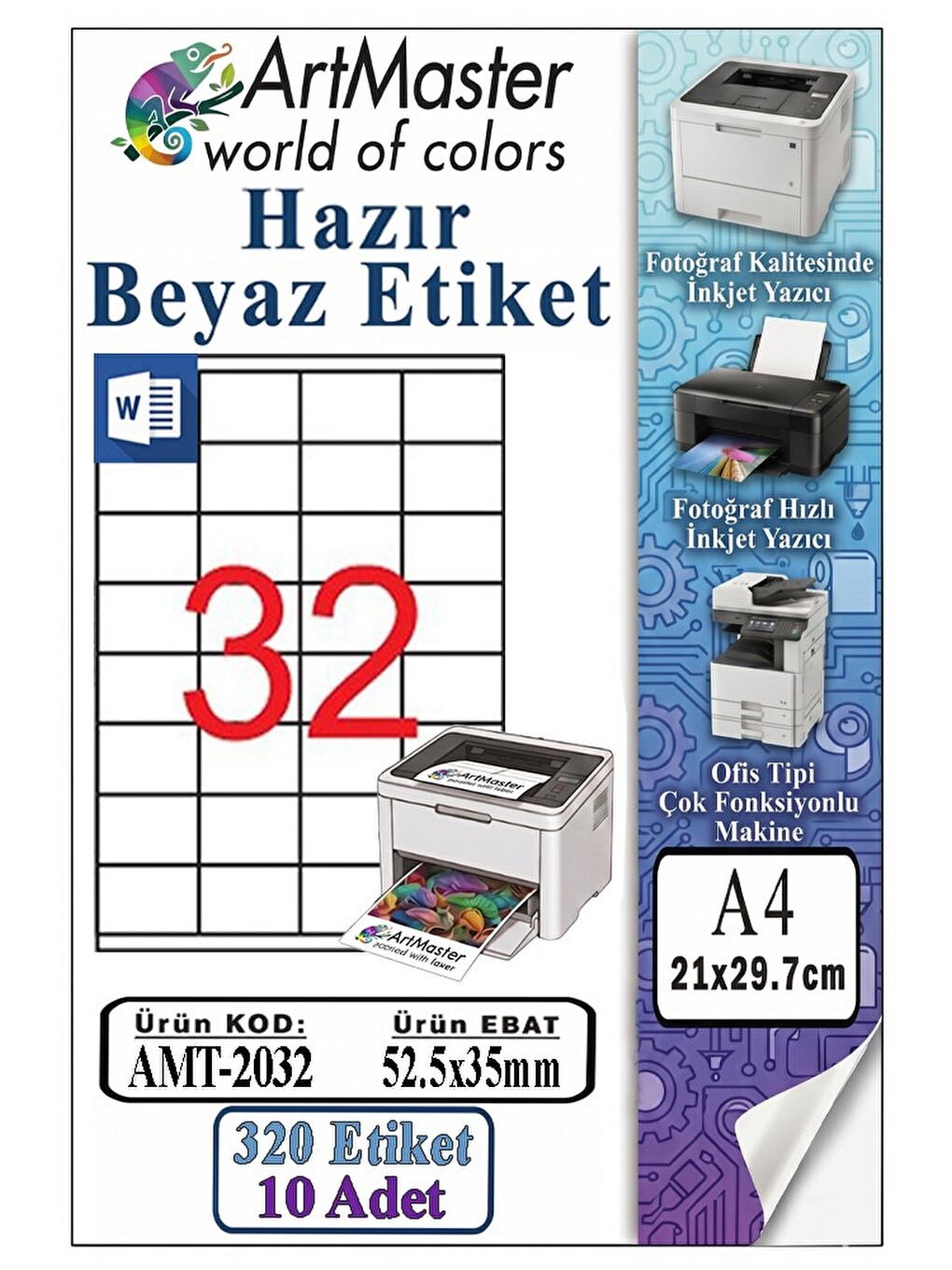 A4 Hazır Beyaz Etiket 52.5x35mm 10 Sayfa 1 Paket 32 Li Kendinden Yapışkanlı Fotokopi Lazer İnkjet