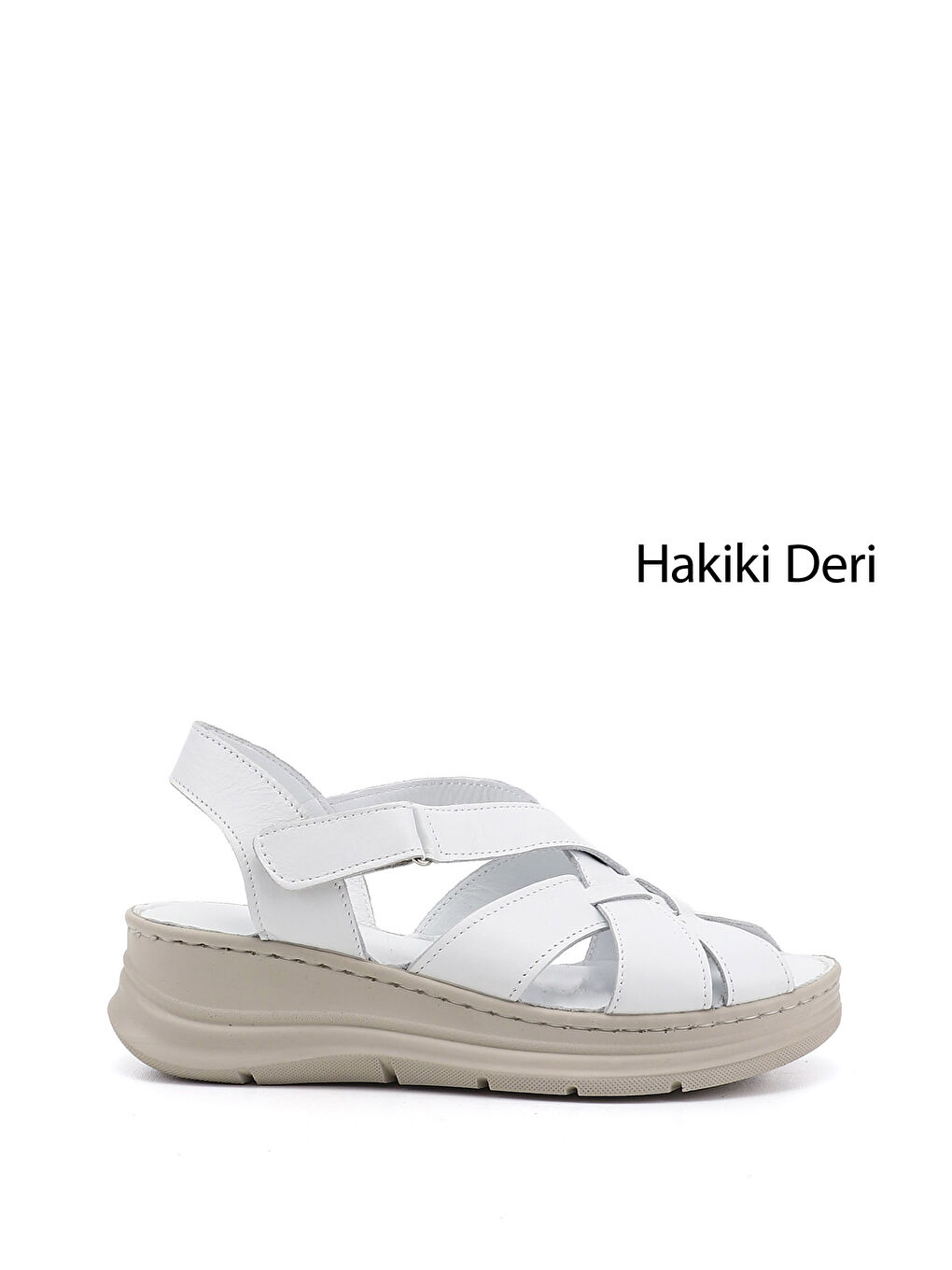 Beyaz Kadın CANLI BEYAZ Cırt Bantlı Dolgu Topuk Hakiki Deri Sandalet