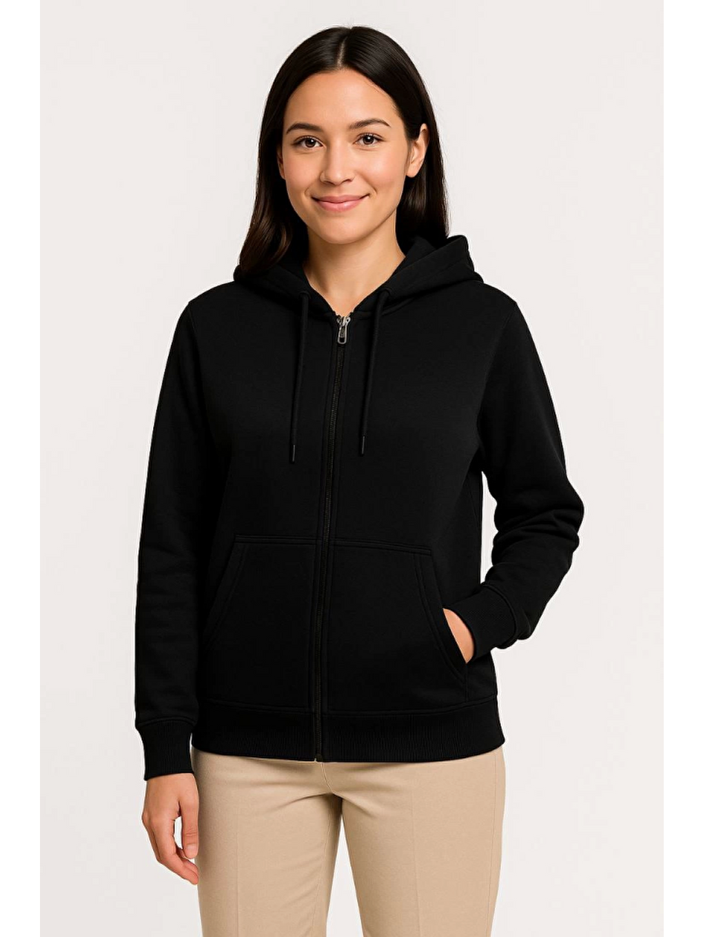 Üç İplik Kapüşonlu Tam Fermuarlı Kanguru Çepli Sweatshirt Hoodie - Siyah