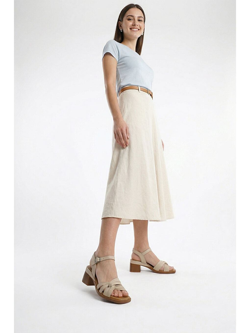 Bej Kadın AÇIK BEJ Bilek Bağlı Kalın Topuklu Hakiki Deri Sandalet-2