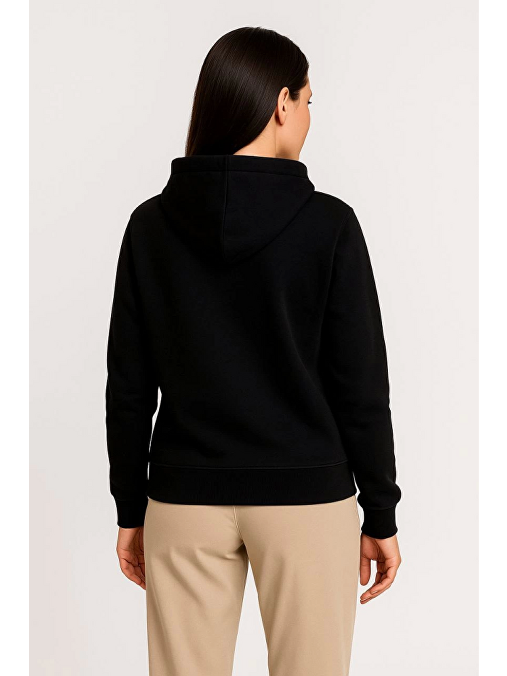 Üç İplik Kapüşonlu Tam Fermuarlı Kanguru Çepli Sweatshirt Hoodie - Siyah-1