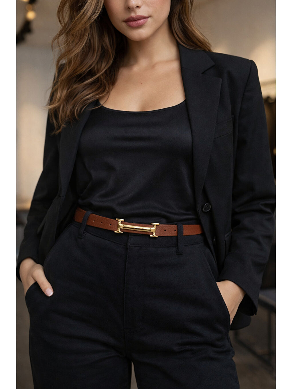 Kahverengi Uzun Tokalı Kahve İnce Kadın Kemeri Ceket Kemeri, Gömlek Kemeri, Elbise Kemeri KMR004 KAHVERENGI-3