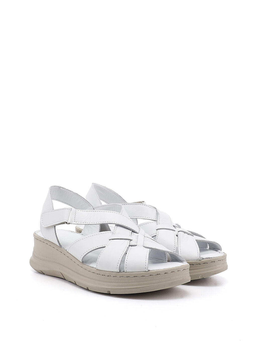 Beyaz Kadın CANLI BEYAZ Cırt Bantlı Dolgu Topuk Hakiki Deri Sandalet-3