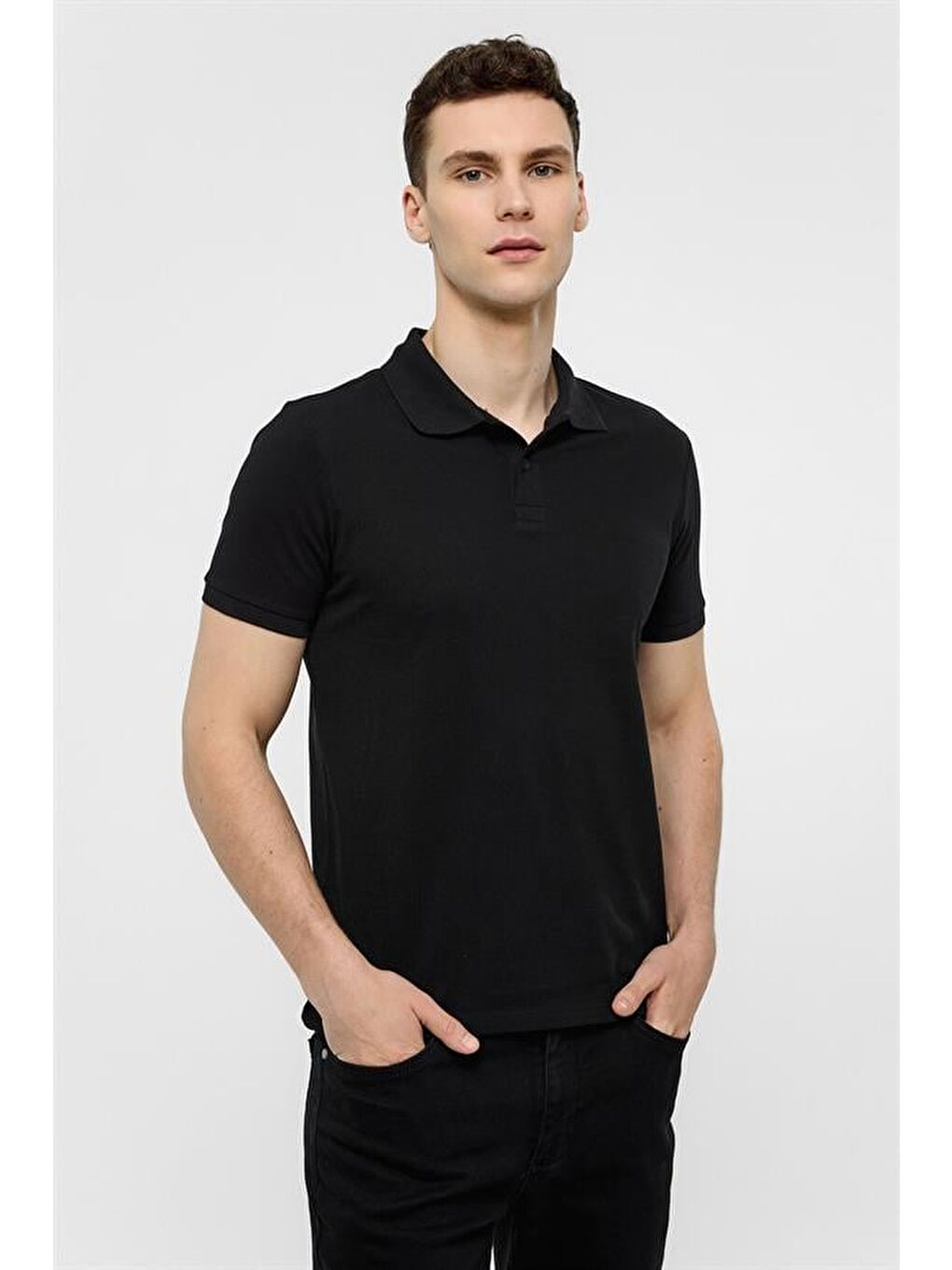 Siyah Slim Düz Polo Yaka Tişört-1