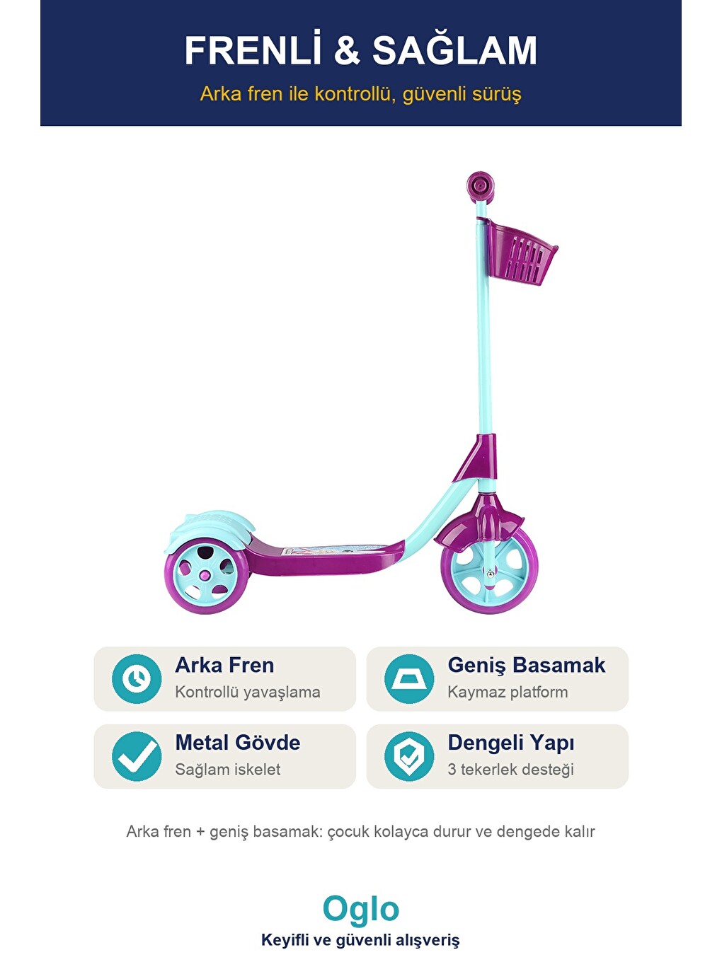 Çocuk Scooter 3 Tekerlekli Frenli Sepetli — Dengeli İlk Scooter, Ayarlanabilir Gidon 3+ Yaş-2