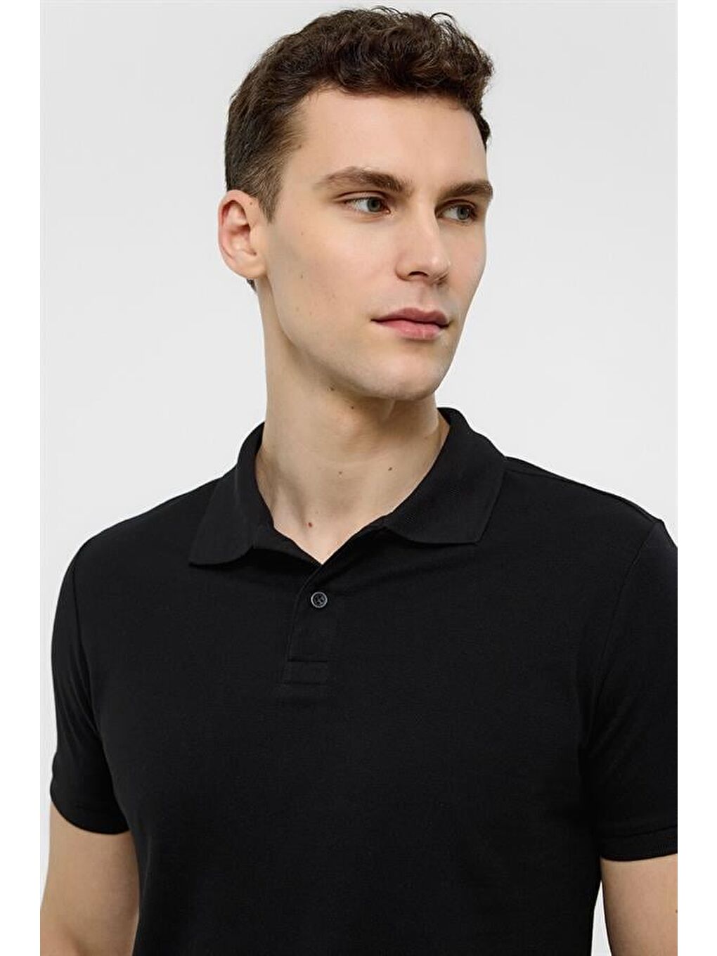 Siyah Slim Düz Polo Yaka Tişört-2