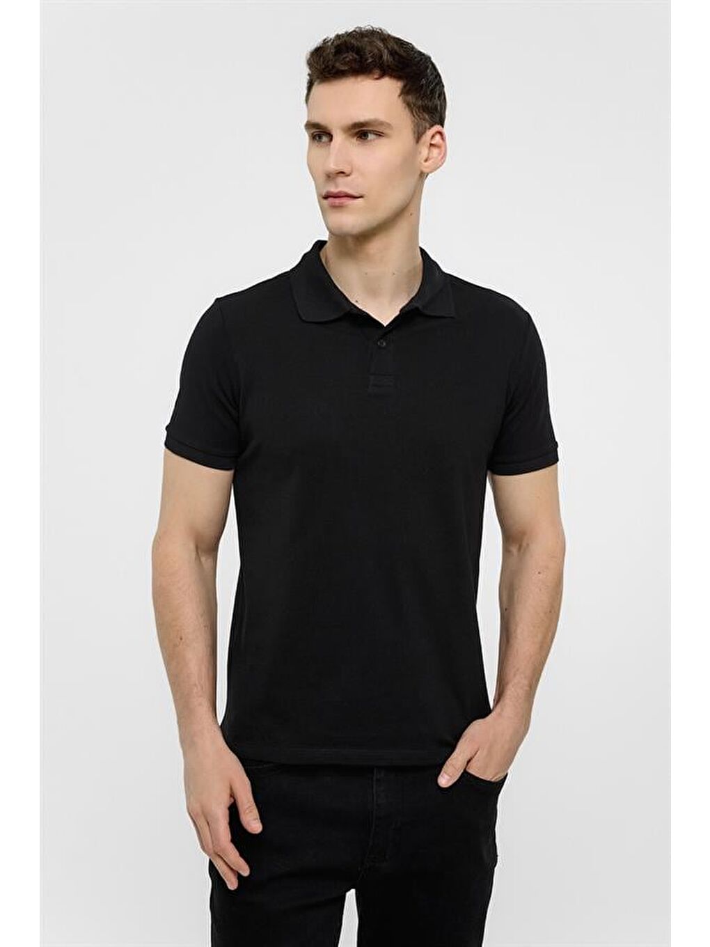 Siyah Slim Düz Polo Yaka Tişört-4