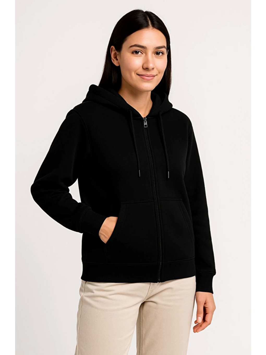Üç İplik Kapüşonlu Tam Fermuarlı Kanguru Çepli Sweatshirt Hoodie - Siyah-3
