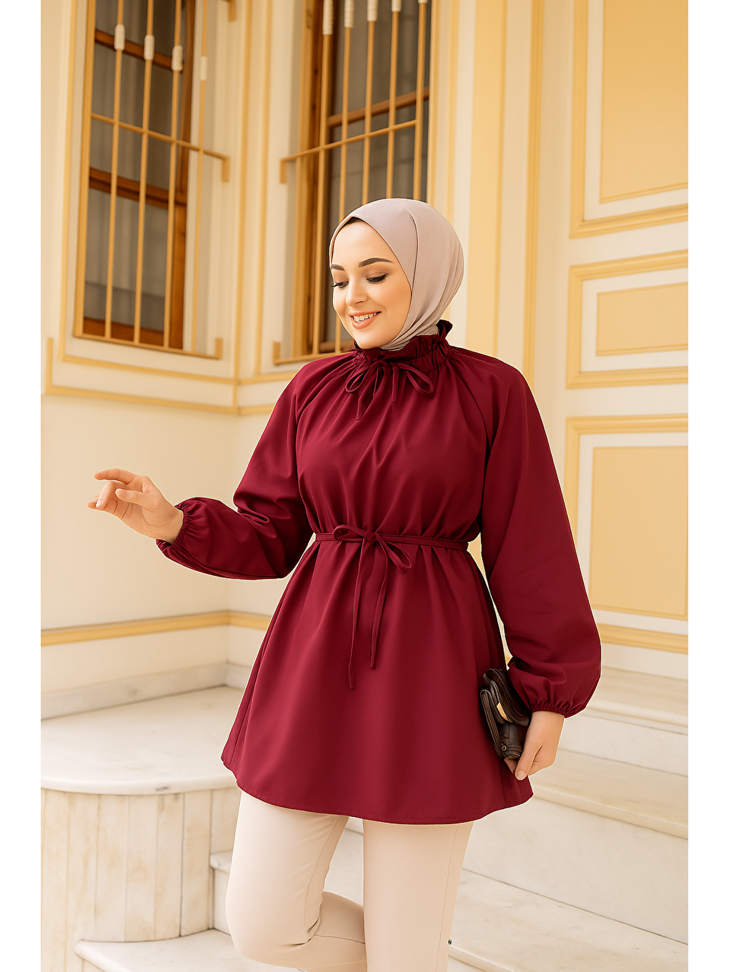 Kadın Yaka Büzgülü Bel Bağlamalı Tunik Bordo