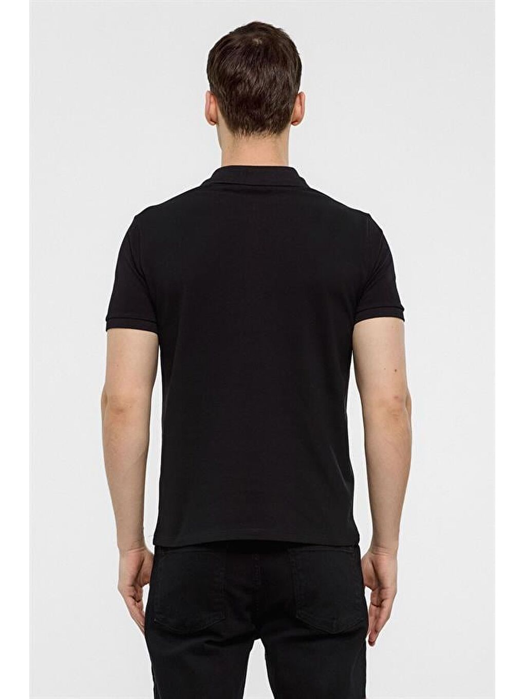 Siyah Slim Düz Polo Yaka Tişört-7