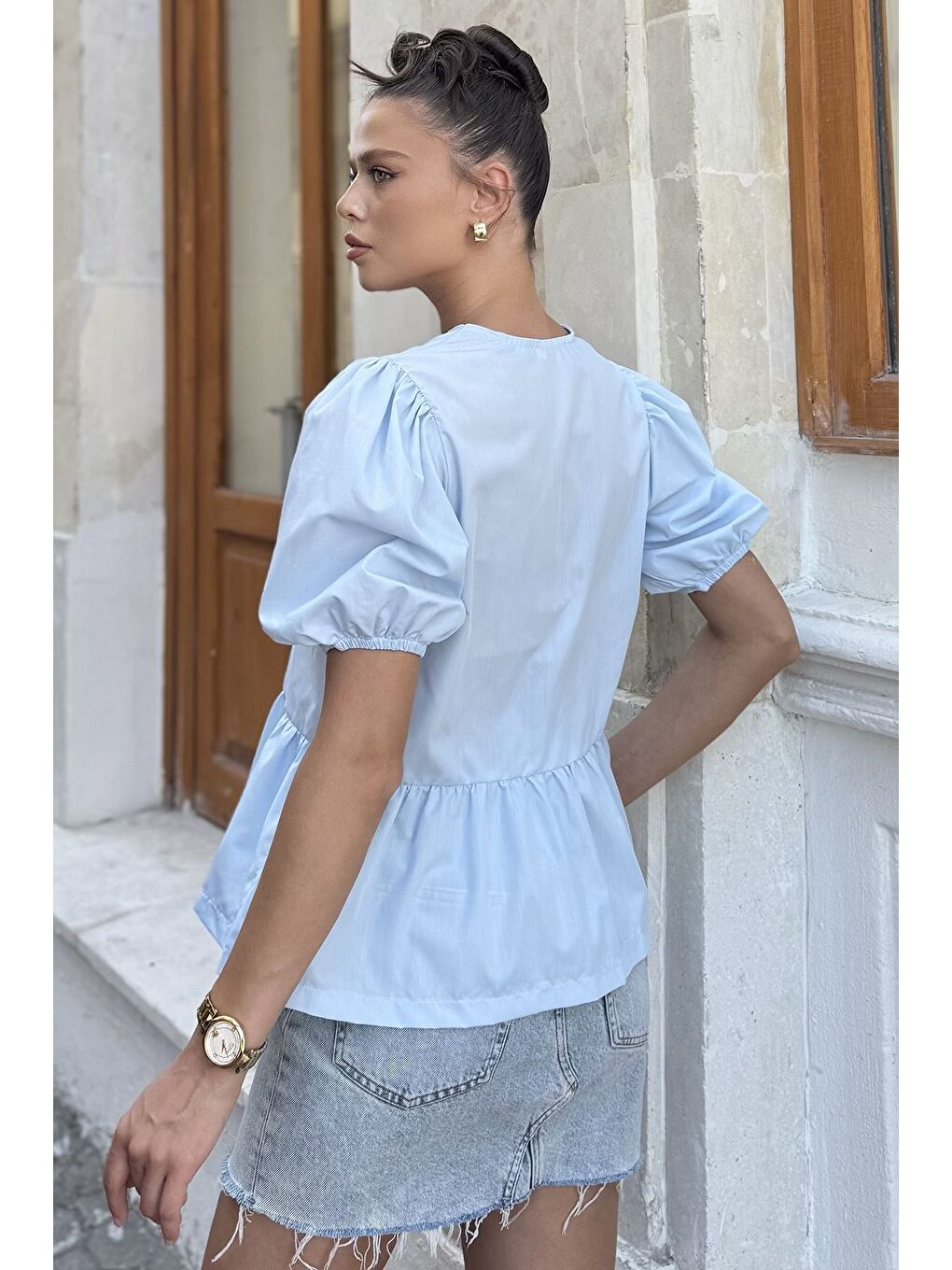 Mavi Kadın Ön Bağlama Detaylı Fırfırlı Kol Lastikli Bluz-2