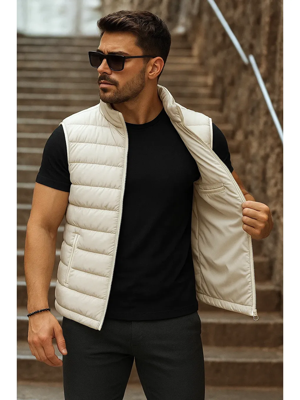 Ekru Erkek Cepli Kışlık Fermuarlı Basic Krem Şişme Yelek