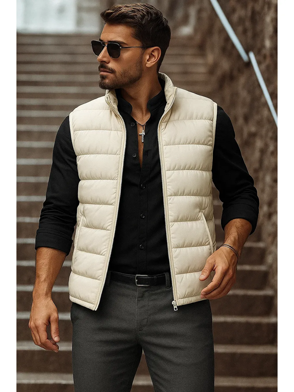 Ekru Erkek Cepli Kışlık Fermuarlı Basic Krem Şişme Yelek-1