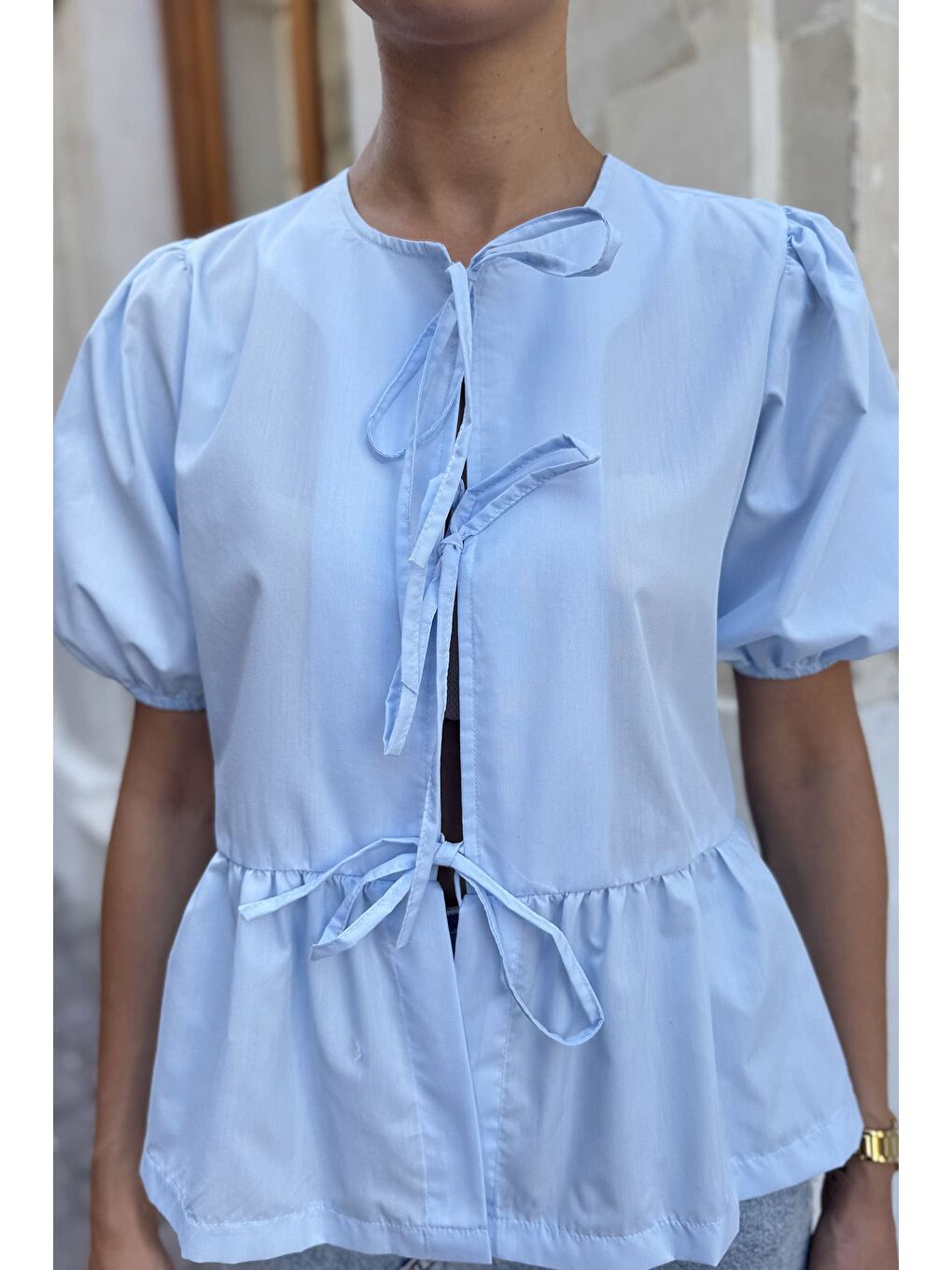 Mavi Kadın Ön Bağlama Detaylı Fırfırlı Kol Lastikli Bluz-3