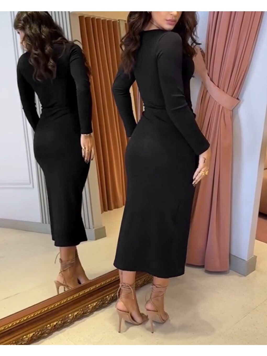 Siyah Kadın Uzun Kollu Kruvaze Yaka Yandan Toka Detaylı önden çapraz Detaylı Ottoman Elbise-3