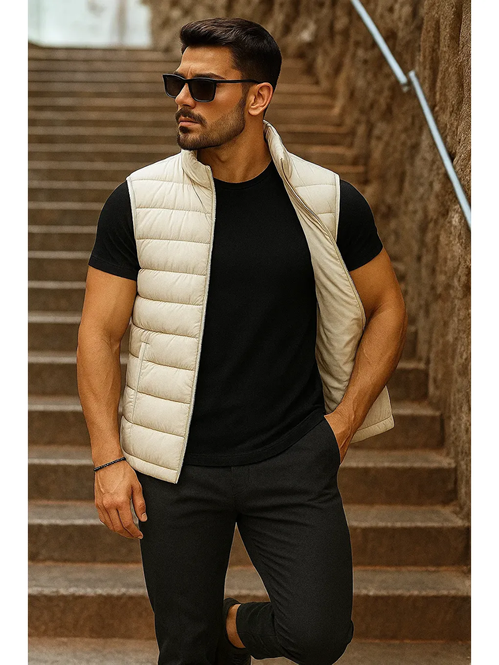 Ekru Erkek Cepli Kışlık Fermuarlı Basic Krem Şişme Yelek-2