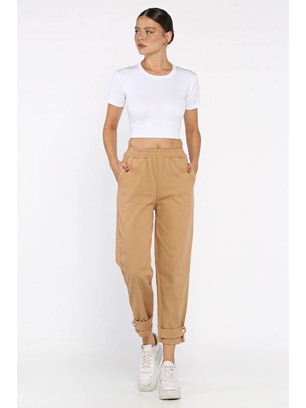 Kahverengi Bel Lastikli Gabardin Pantolon-1