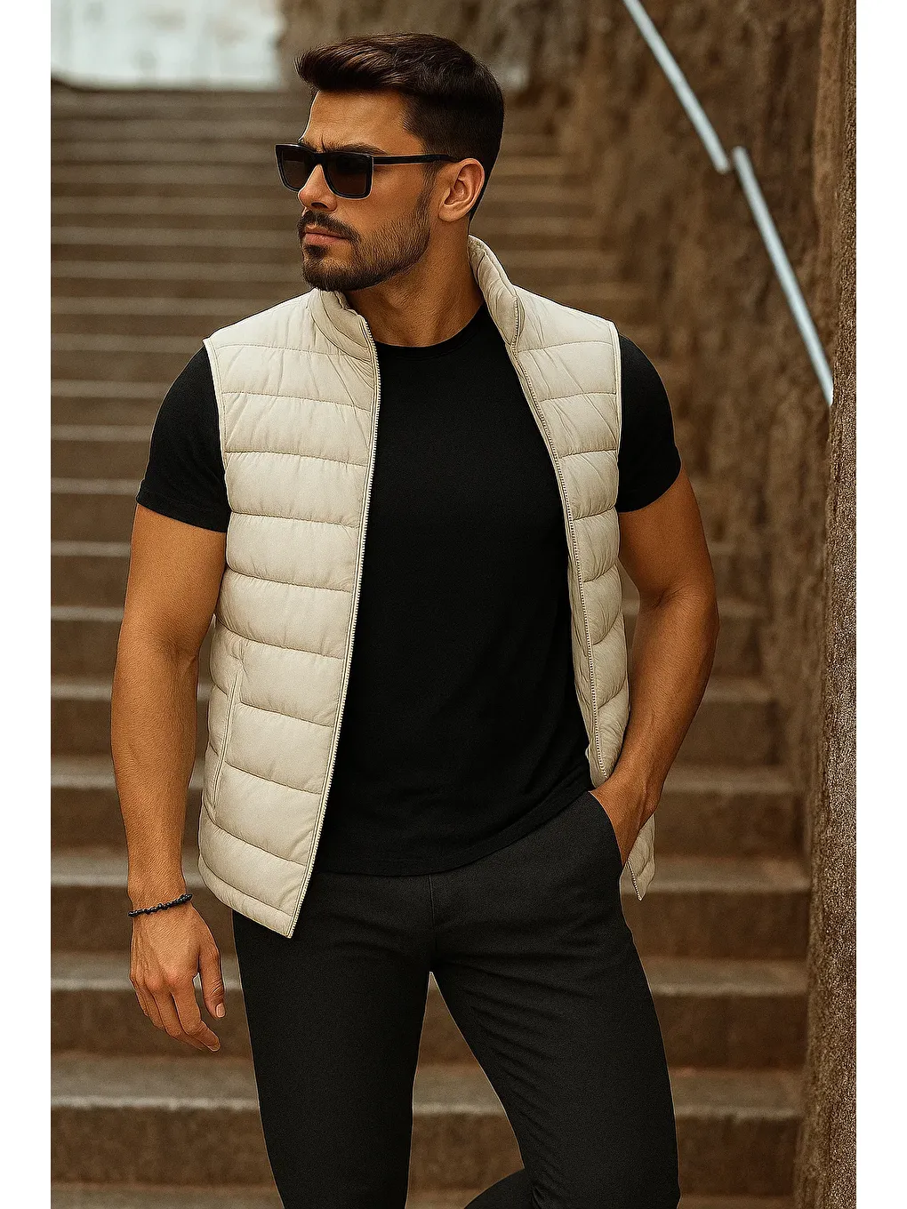 Ekru Erkek Cepli Kışlık Fermuarlı Basic Krem Şişme Yelek-3