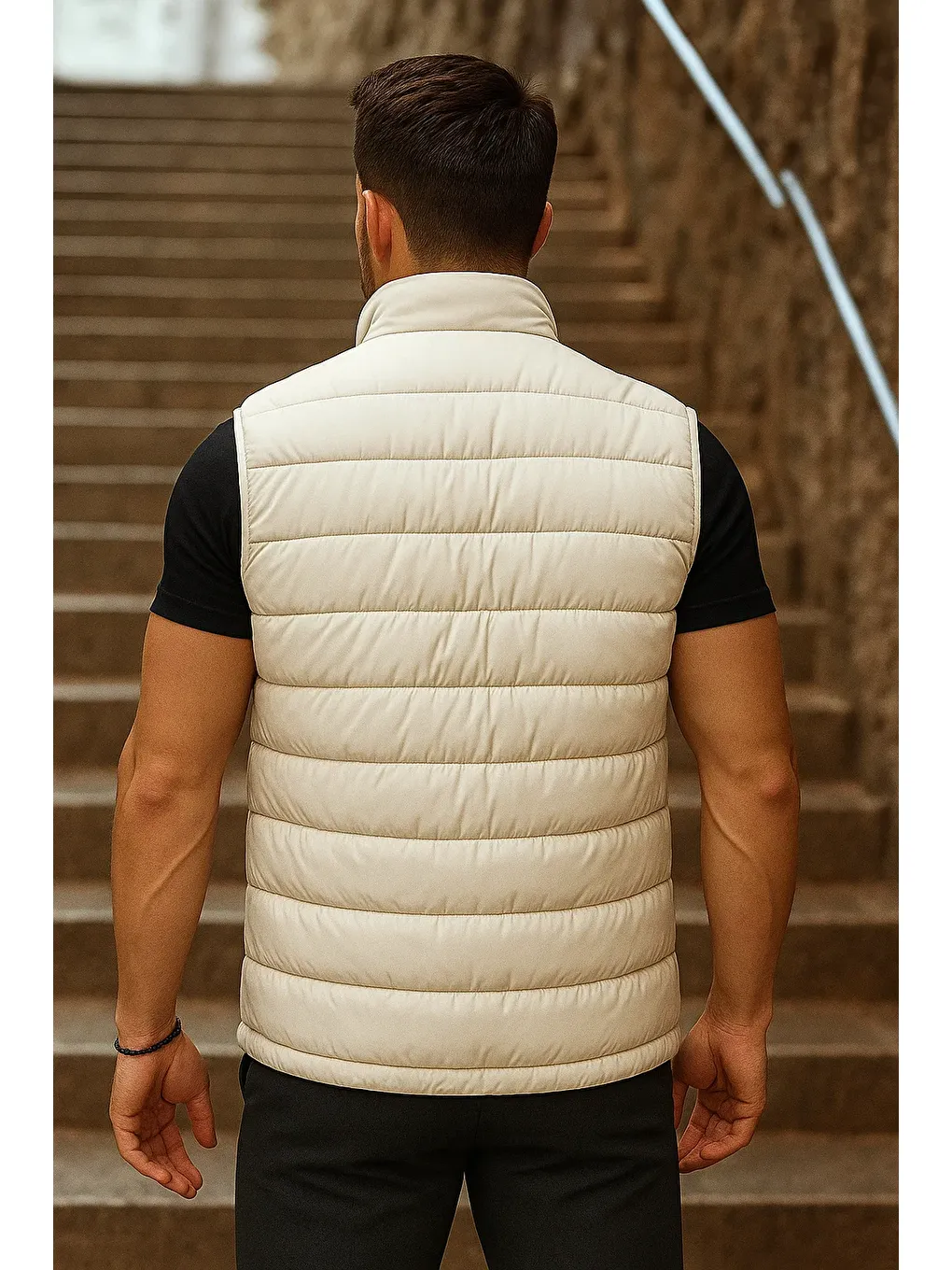 Ekru Erkek Cepli Kışlık Fermuarlı Basic Krem Şişme Yelek-4