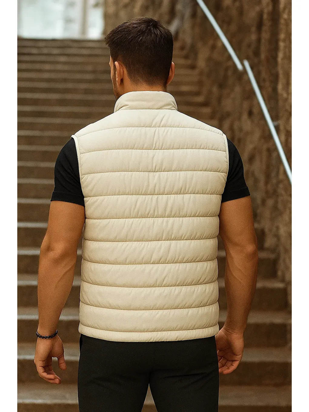 Ekru Erkek Cepli Kışlık Fermuarlı Basic Krem Şişme Yelek-5