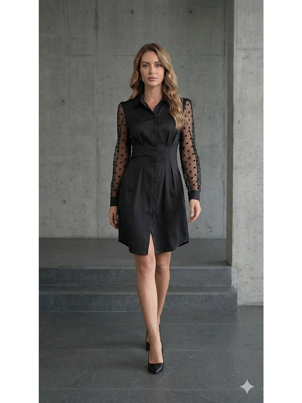 Siyah Kadın Uzun Kollu Yakalı Düğmeli Mini Ithal Krep Elbise