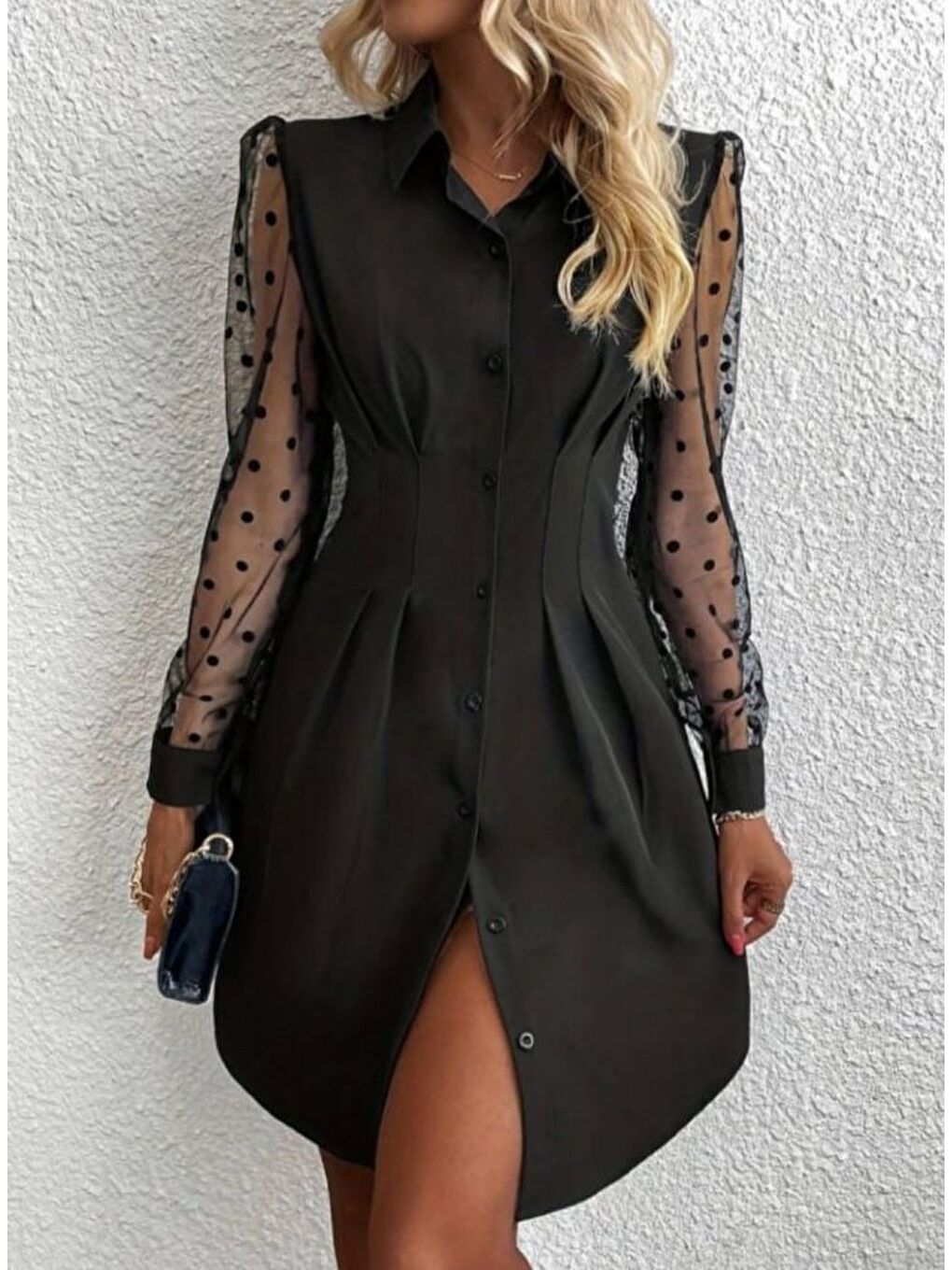 Siyah Kadın Uzun Kollu Yakalı Düğmeli Mini Ithal Krep Elbise-1