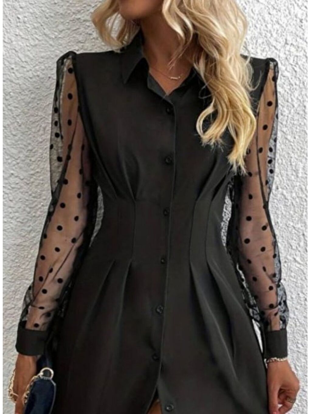 Siyah Kadın Uzun Kollu Yakalı Düğmeli Mini Ithal Krep Elbise-2