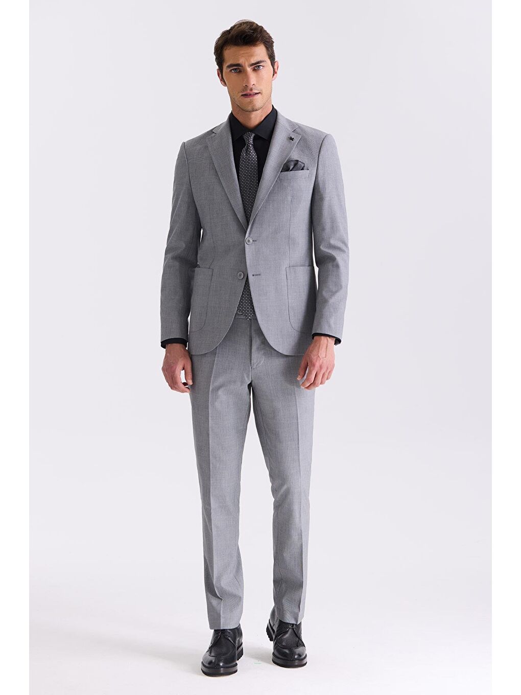 Gri Slim Fit Mono Yaka Yünlü Takım Elbise