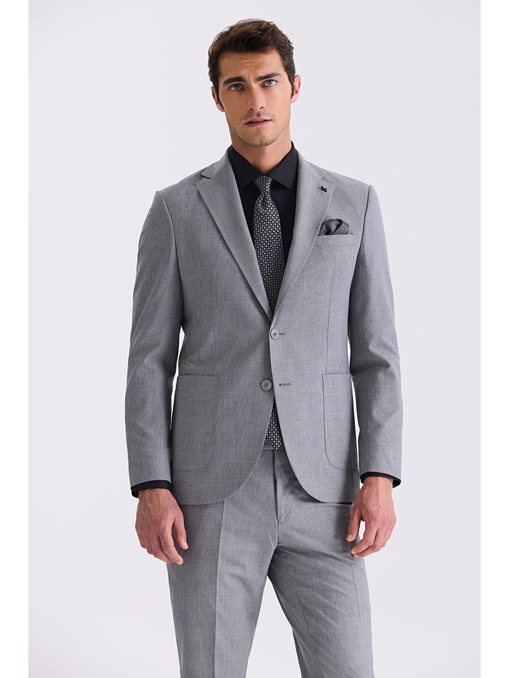 Gri Slim Fit Mono Yaka Yünlü Takım Elbise-1