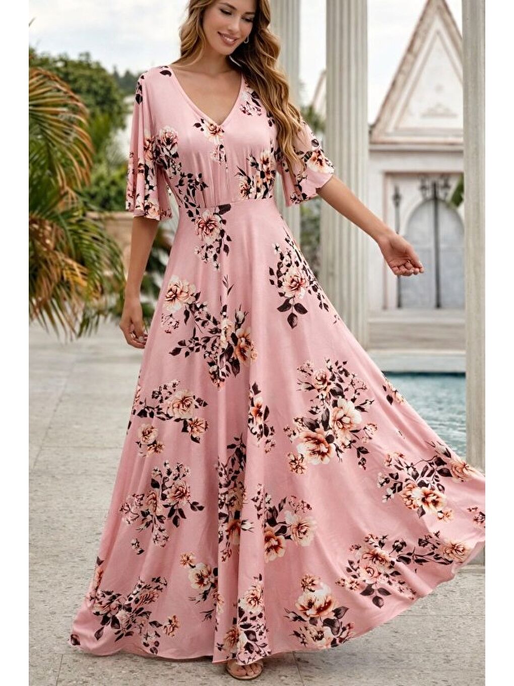 Pembe Kadın Kısa Kollu V Yakalı Desenli Süprem Elbise