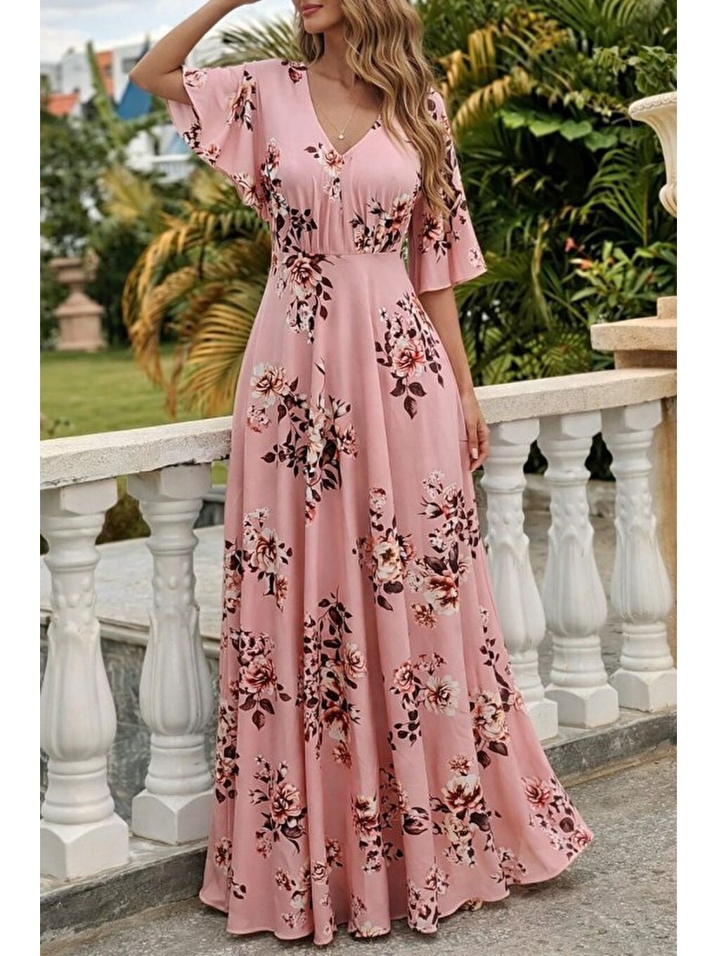 Pembe Kadın Kısa Kollu V Yakalı Desenli Süprem Elbise-1