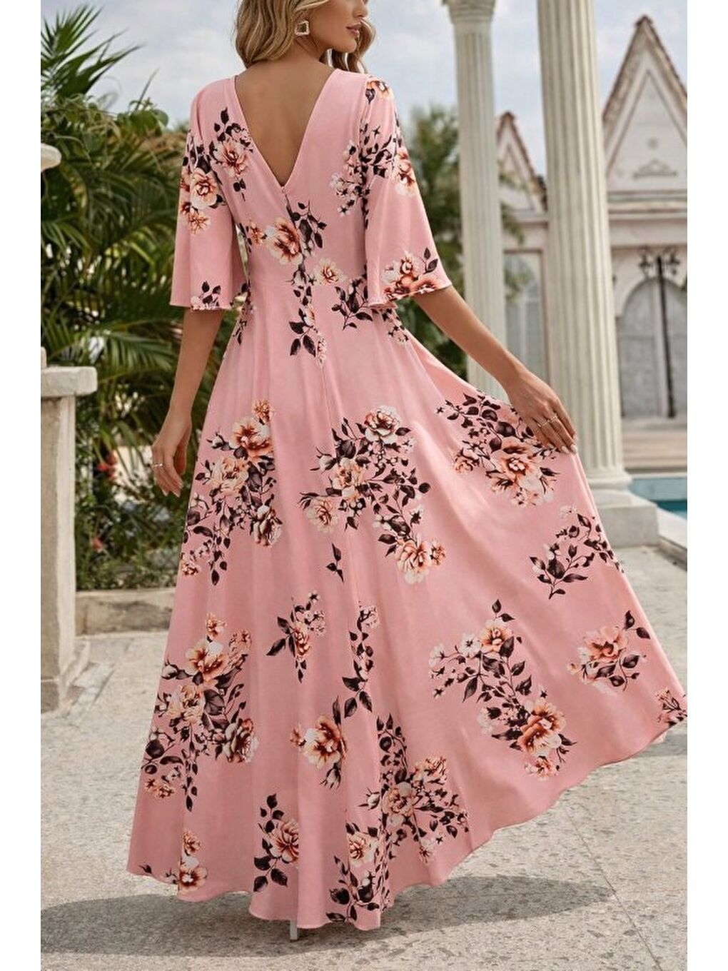 Pembe Kadın Kısa Kollu V Yakalı Desenli Süprem Elbise-2