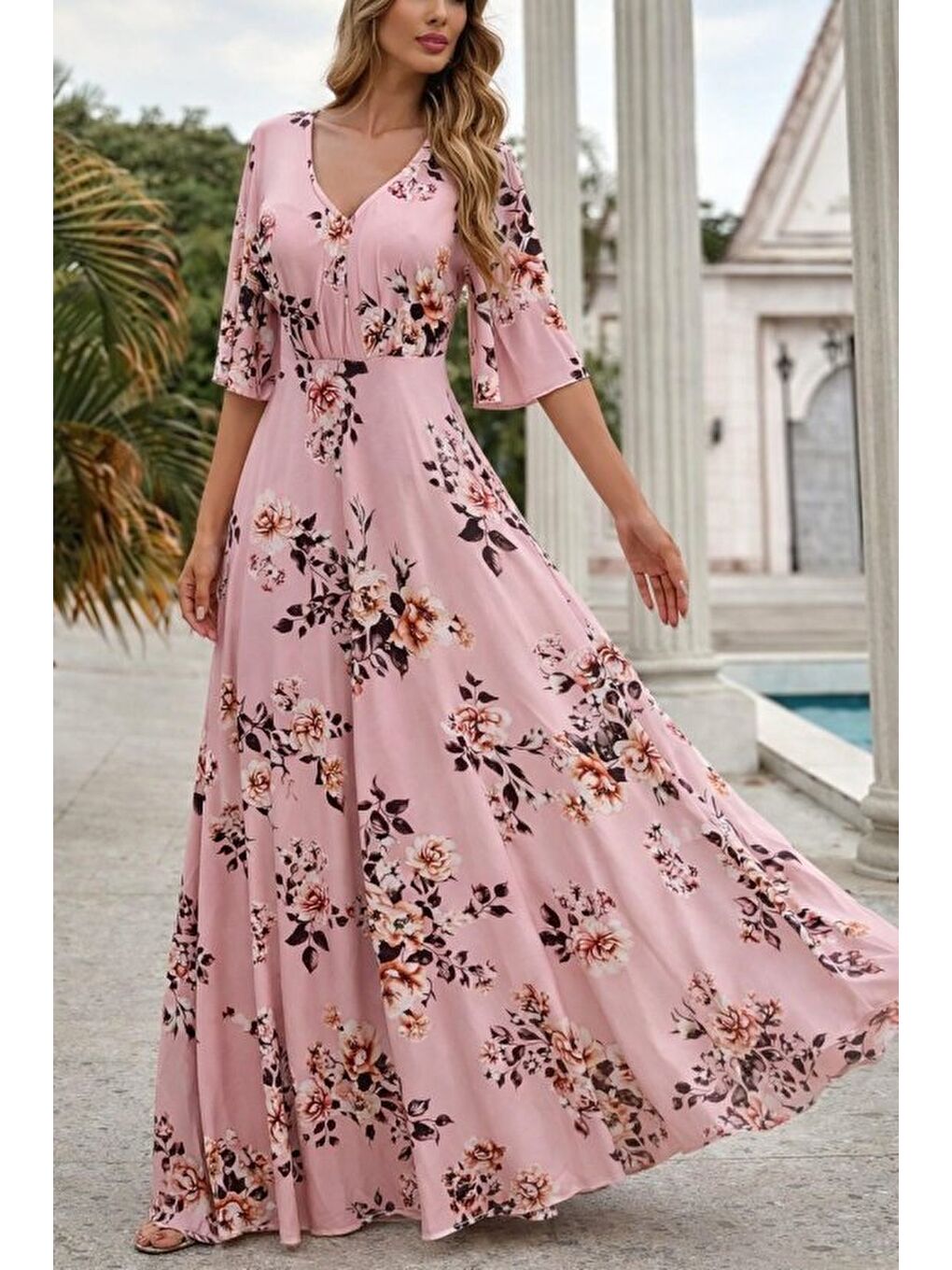 Pembe Kadın Kısa Kollu V Yakalı Desenli Süprem Elbise-3