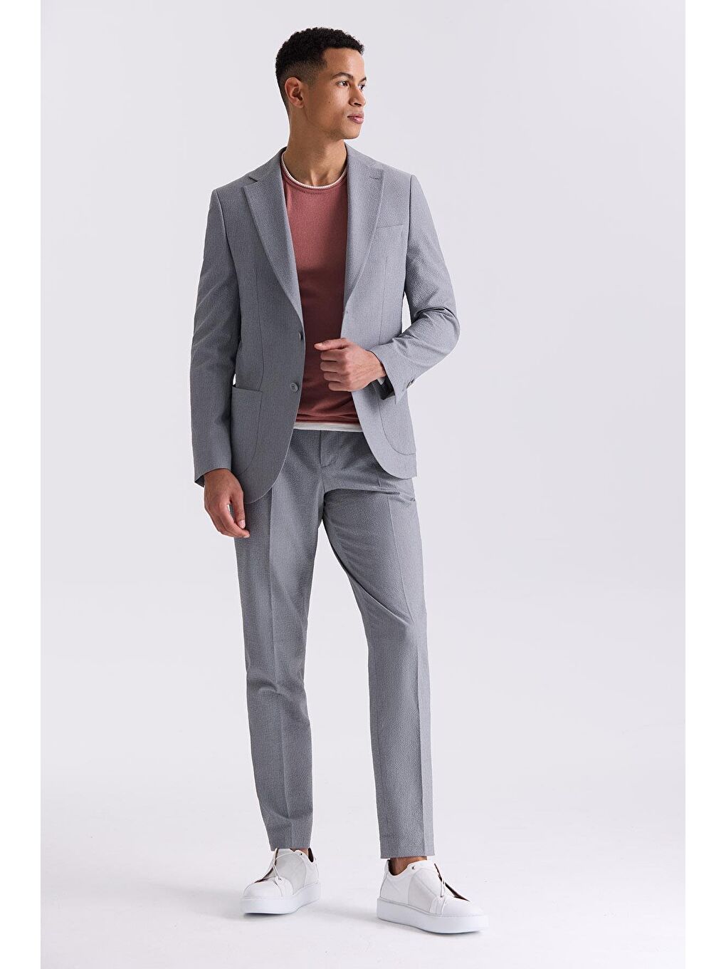 Gri Slim Fit Mono Yaka Spor Takım Elbise