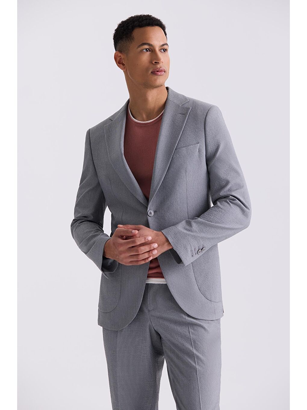 Gri Slim Fit Mono Yaka Spor Takım Elbise-1