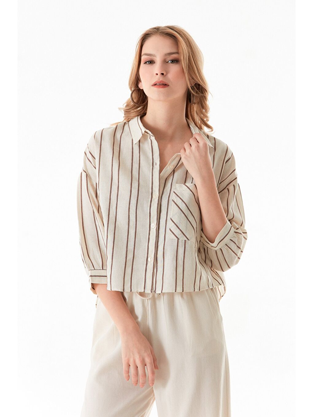 Kahverengi Çizgili Arkası Uzun Keten Gömlek-3