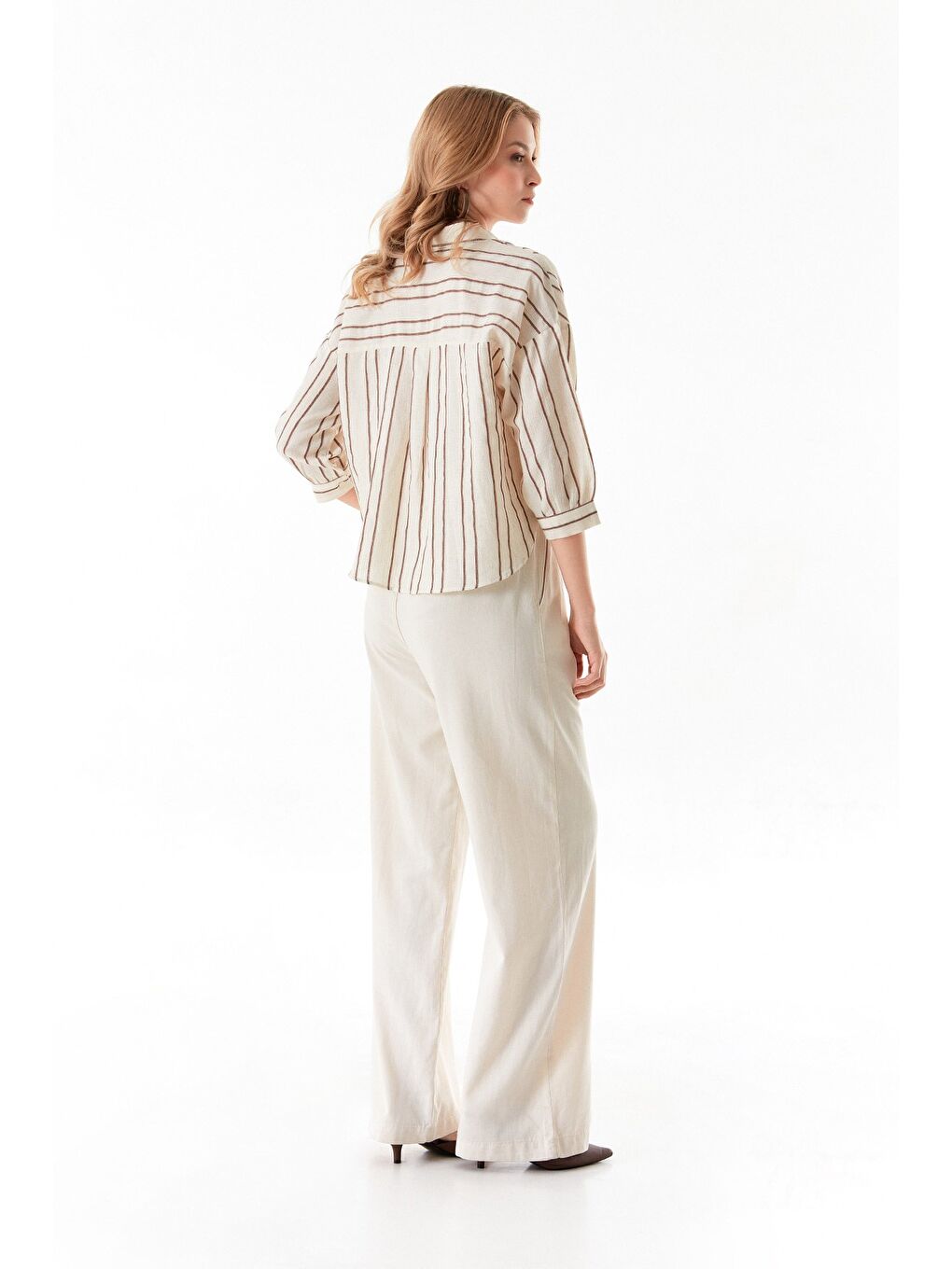 Kahverengi Çizgili Arkası Uzun Keten Gömlek-4