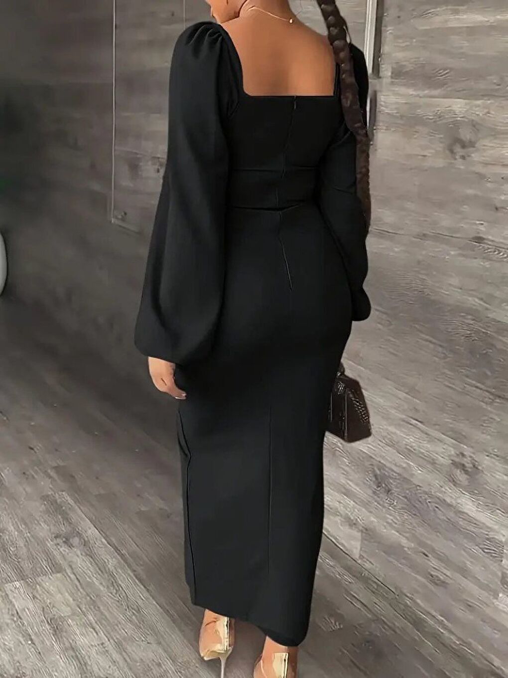 Siyah Kadın Uzun Kollu Geometrik Yakalı Yandan Yırtmaçlı Uzun Janjan Krep Elbise-1