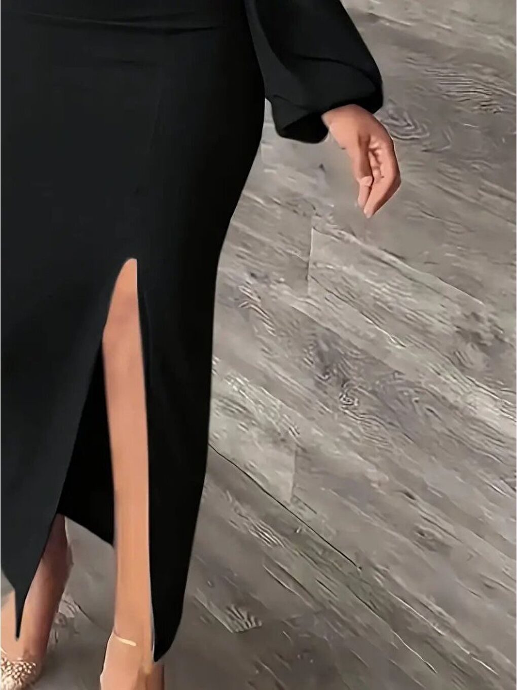 Siyah Kadın Uzun Kollu Geometrik Yakalı Yandan Yırtmaçlı Uzun Janjan Krep Elbise-3