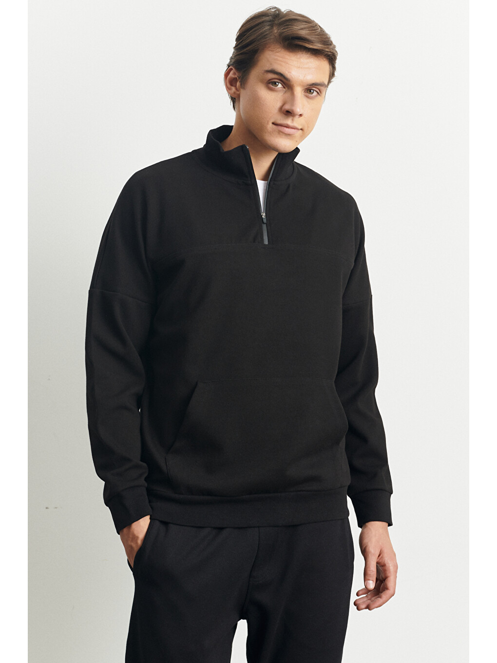 Erkek Siyah Standart Fit Normal Kesim Bato Yaka Fermuarlı Kanguru Cepli Sweatshirt