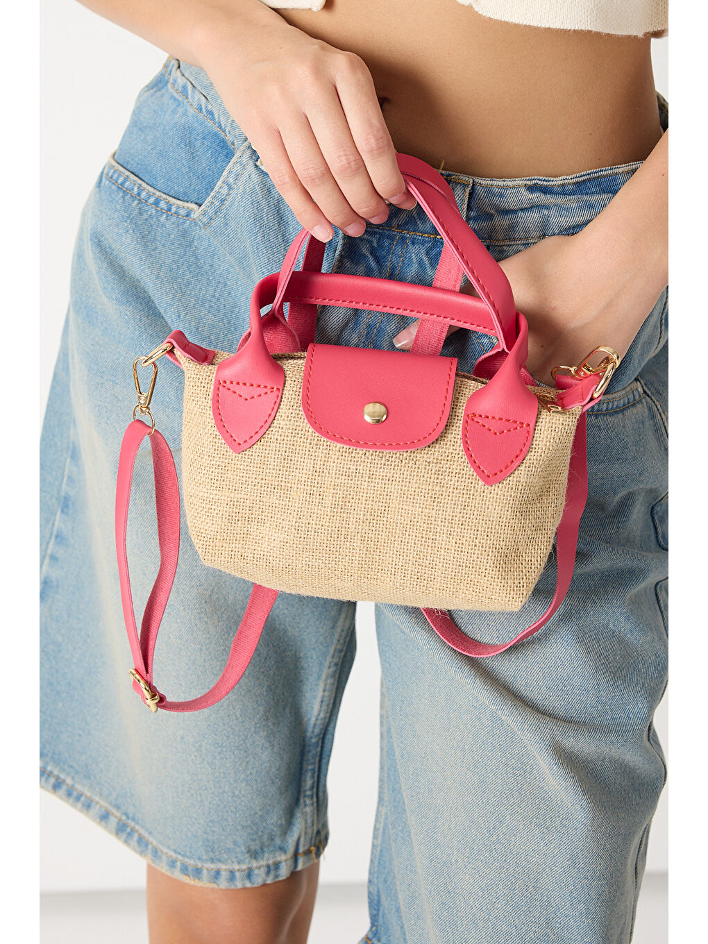 Kadın Fuşya Mini Boy Askılı Hasır El ve Çapraz Çanta-1